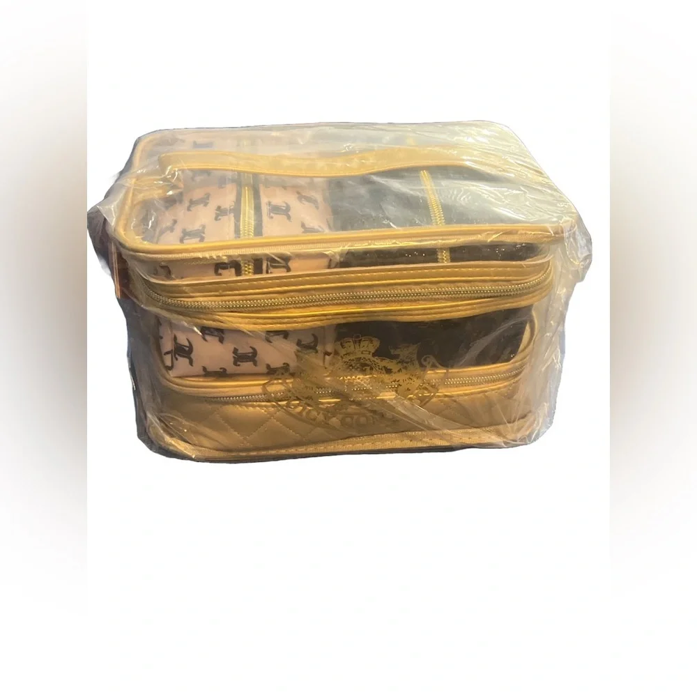 NWT Juicy Couture Gold & Black Cosmetic Bag Set PLUS Travel Toiletry Bottle NEW